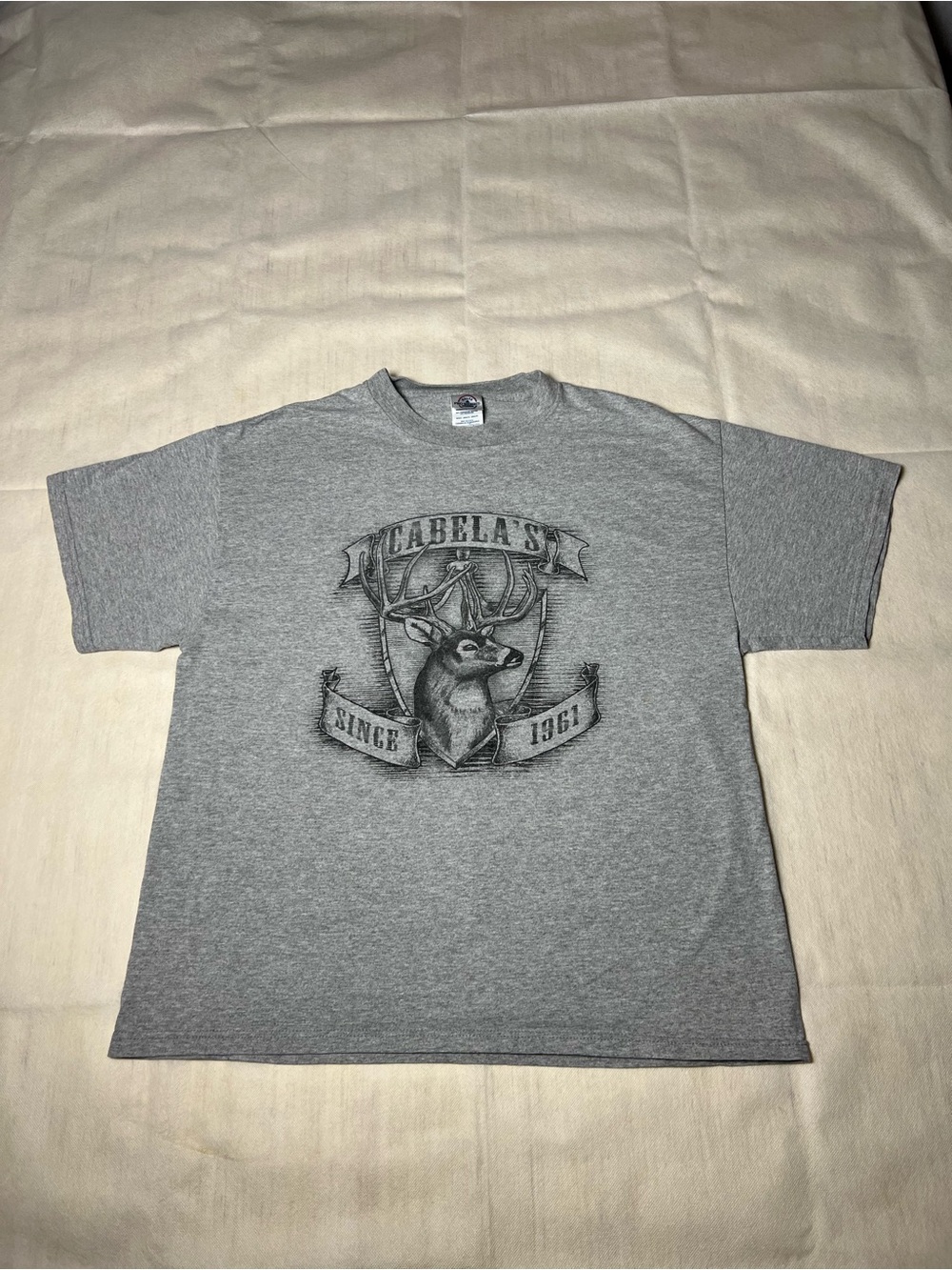 Gray Cabela's t-shirt with deer graphic
